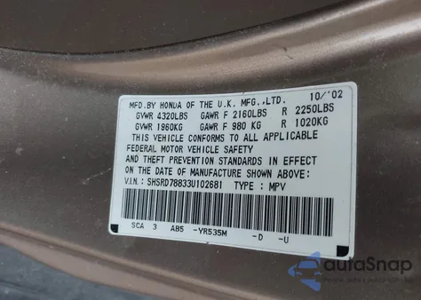 2003 Honda Cr-V Ex from USA, damaged, VIN SHSRD78833U102681